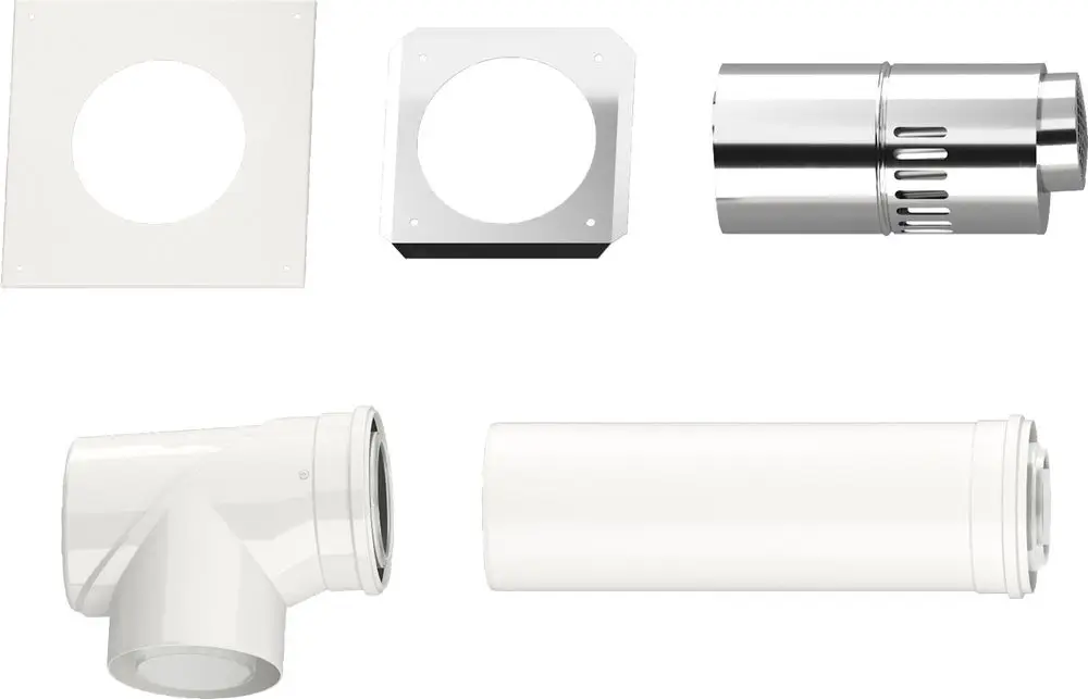 Abgaszubehör-Set von Bosch bestehend aus verschiedenen Komponenten: ein Anschlussstück, ein gerades Rohr, ein Formstück und eine Wandplatte.